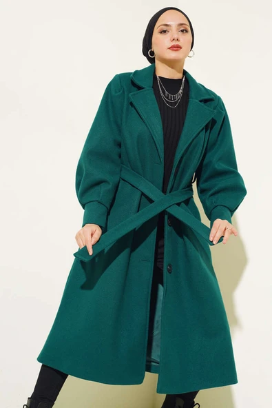 Balon Kollu Uzun Model Zümrüt Kaşe Kaban ürün görseli 1