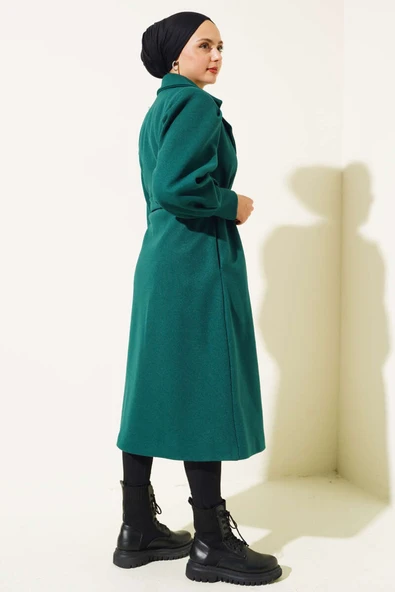 Balon Kollu Uzun Model Zümrüt Kaşe Kaban - Resim 3