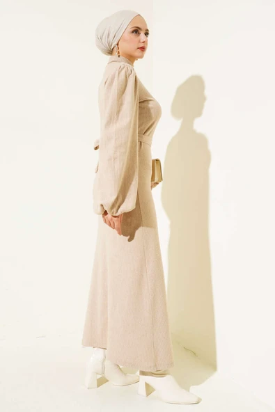 Balon Kol Kuşaklı Fitilli Elbise Bej - Resim 3