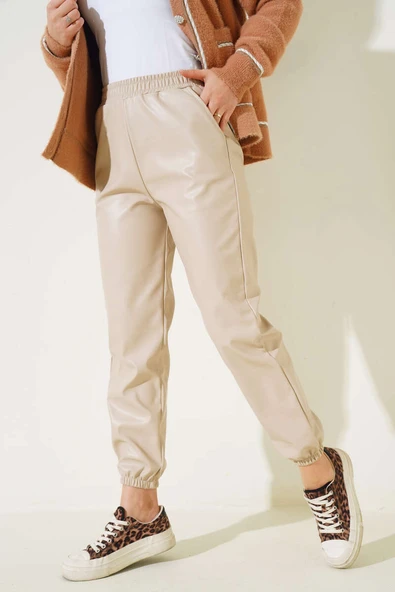 Bel ve Paça Lastikli Deri Pantolon Bej ürün görseli 1