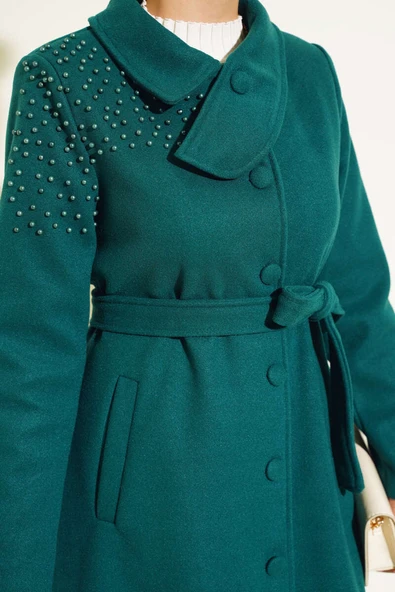 İnci Detaylı Kuşaklı Kaşe Kaban Zümrüt - Resim 4