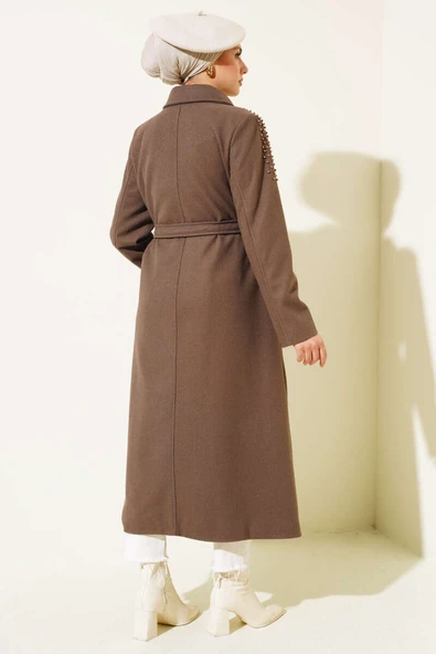 İnci Detaylı Kuşaklı Kaşe Kaban Kahve - Resim 3