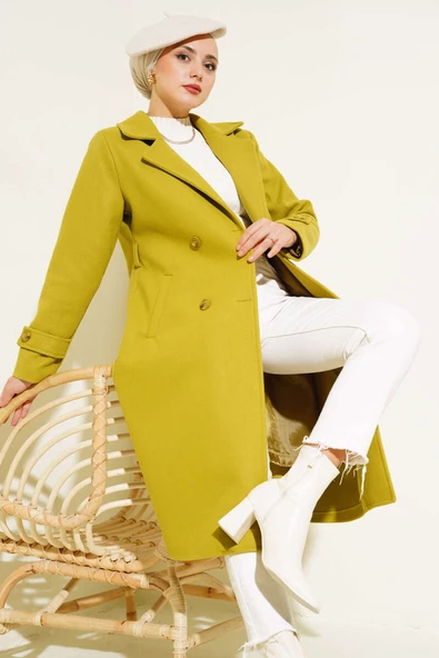 Kruvaze Yaka İki Düğmeli Kaşe Kaban Yağ Yeşili ürün görseli 1