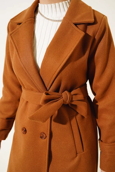 Kruvaze Yaka İki Düğmeli Kaşe Kaban Toprak - Resim 4