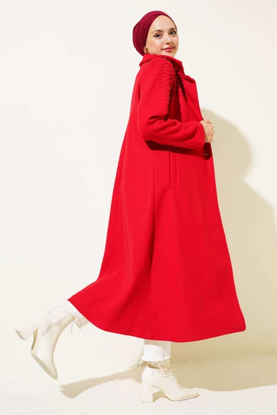 İnci Detaylı Kuşaklı Kaşe Kaban Kırmızı - Resim 2