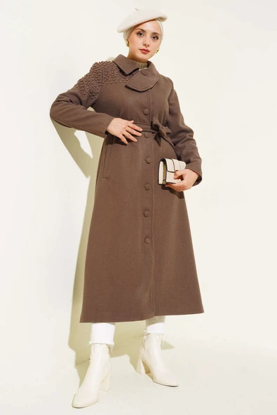 İnci Detaylı Kuşaklı Kaşe Kaban Kahve ürün görseli 1