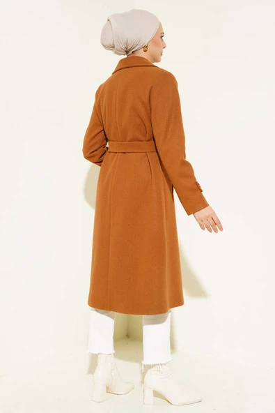 Kruvaze Yaka İki Düğmeli Kaşe Kaban Toprak - Resim 3