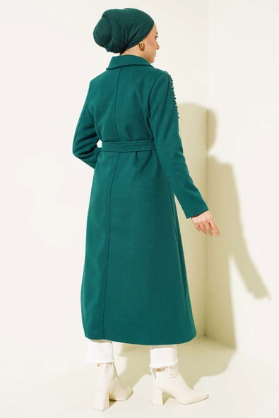 İnci Detaylı Kuşaklı Kaşe Kaban Zümrüt - Resim 3