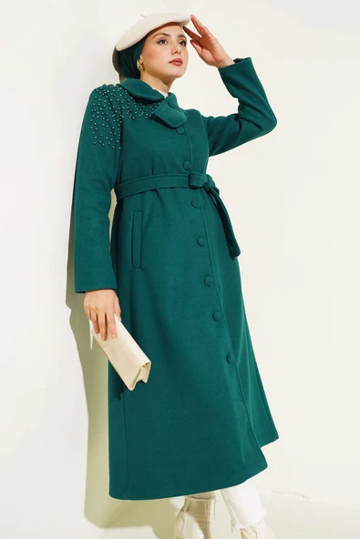 İnci Detaylı Kuşaklı Kaşe Kaban Zümrüt ürün görseli 1