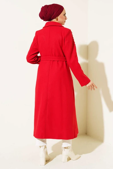 İnci Detaylı Kuşaklı Kaşe Kaban Kırmızı - Resim 3