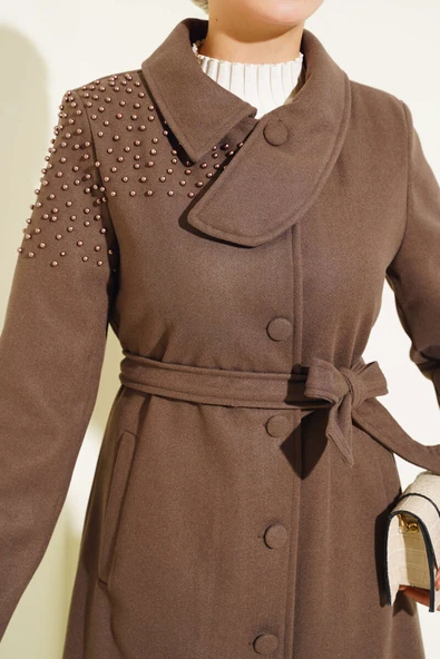 İnci Detaylı Kuşaklı Kaşe Kaban Kahve - Resim 4