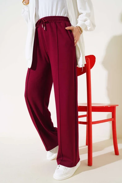 Loyşa Çımalı Geniş Paça Pantolon Bordo - Resim 2