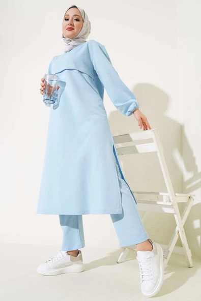 Yırtmaçlı Uzun İkili Takım Buz Mavisi ürün görseli 1