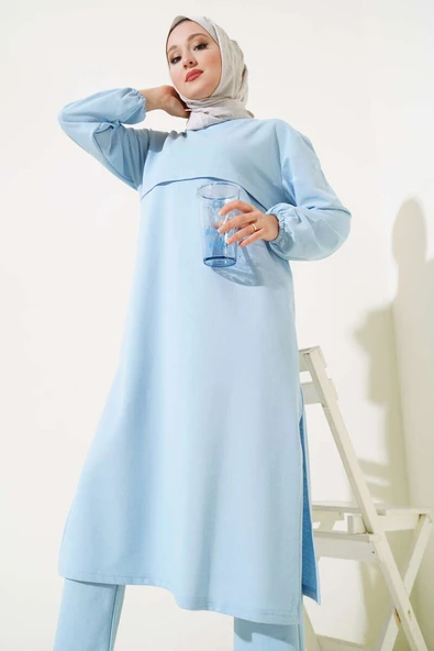 Yırtmaçlı Uzun İkili Takım Buz Mavisi - Resim 2