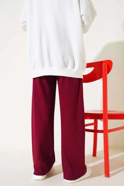 Loyşa Çımalı Geniş Paça Pantolon Bordo - Resim 3