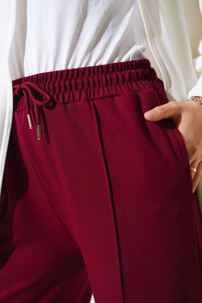 Loyşa Çımalı Geniş Paça Pantolon Bordo - Resim 4