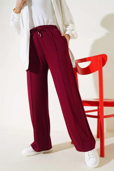 Loyşa Çımalı Geniş Paça Pantolon Bordo ürün görseli 1