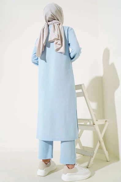 Yırtmaçlı Uzun İkili Takım Buz Mavisi - Resim 3