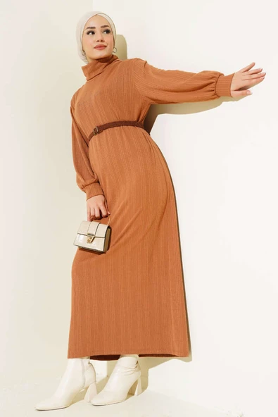 Kemerli Balıkçı Yaka Elbise Latte ürün görseli 1