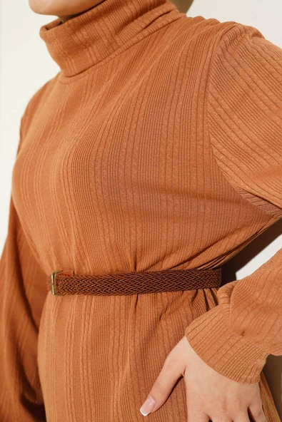 Kemerli Balıkçı Yaka Elbise Latte - Resim 4