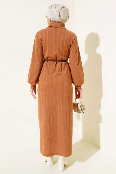 Kemerli Balıkçı Yaka Elbise Latte - Resim 3