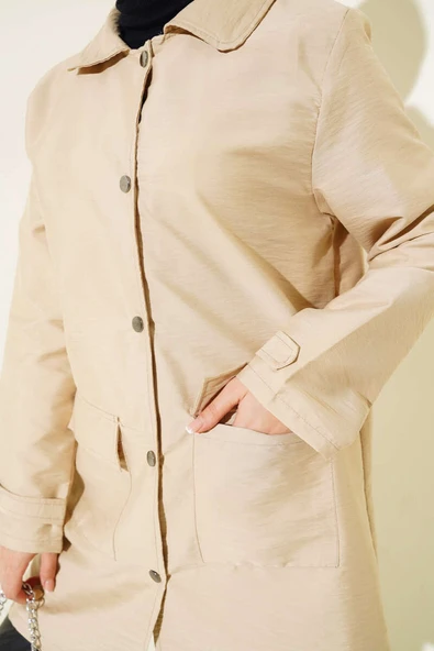 Gömlek Yaka Çıtçıtlı Kap Bej - Resim 4