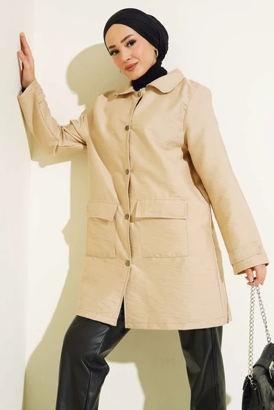 Gömlek Yaka Çıtçıtlı Kap Bej - Resim 2