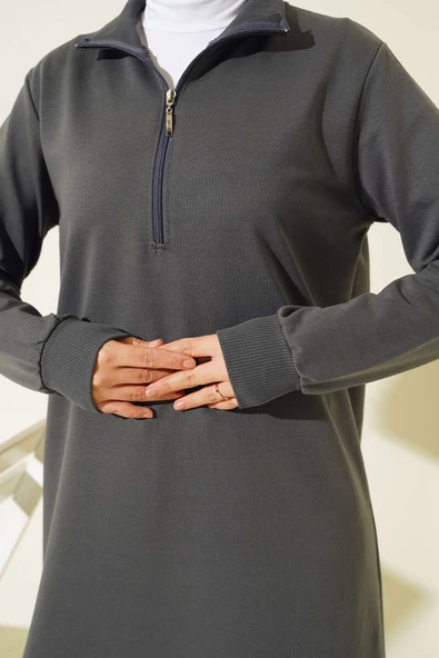 Yarım Fermuarlı Basıc Uzun Tunik Füme - Resim 4