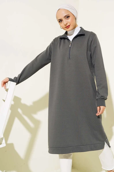 Yarım Fermuarlı Basıc Uzun Tunik Füme ürün görseli