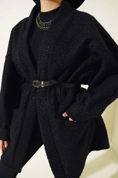 Yarasa Kol Kemerli Buklet Ceket Siyah - Resim 4