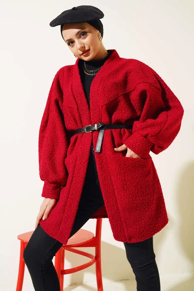 Yarasa Kol Kemerli Buklet Ceket Bordo ürün görseli 1