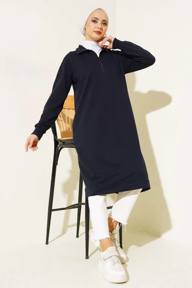Yarım Fermuarlı Basıc Uzun Tunik Lacivert ürün görseli