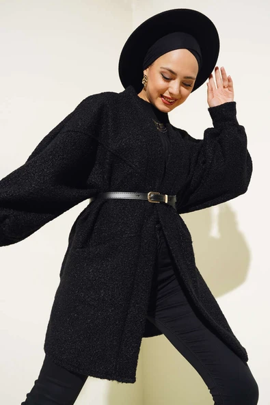 Yarasa Kol Kemerli Buklet Ceket Siyah ürün görseli 1