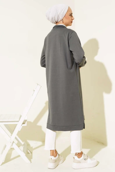 Yarım Fermuarlı Basıc Uzun Tunik Füme - Resim 3