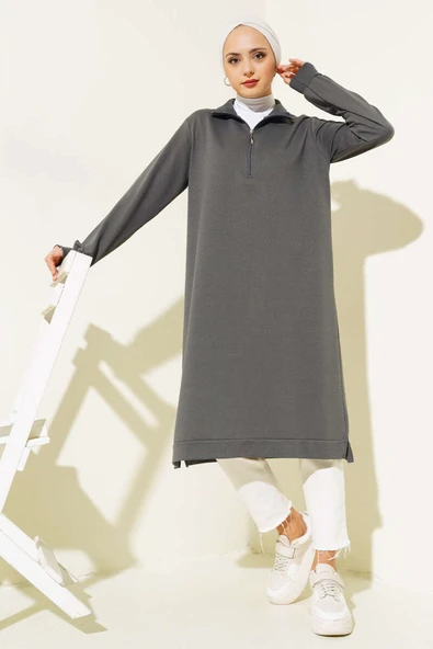 Yarım Fermuarlı Basıc Uzun Tunik Füme - Resim 2