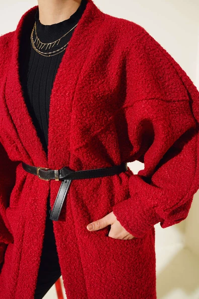 Yarasa Kol Kemerli Buklet Ceket Bordo - Resim 4