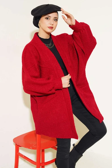 Yarasa Kol Kemerli Buklet Ceket Bordo - Resim 2