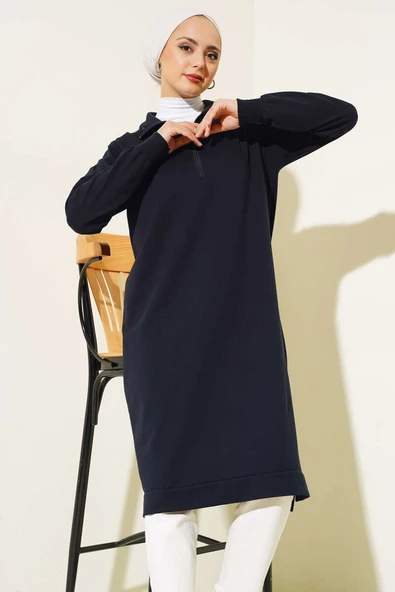 Yarım Fermuarlı Basıc Uzun Tunik Lacivert - Resim 2