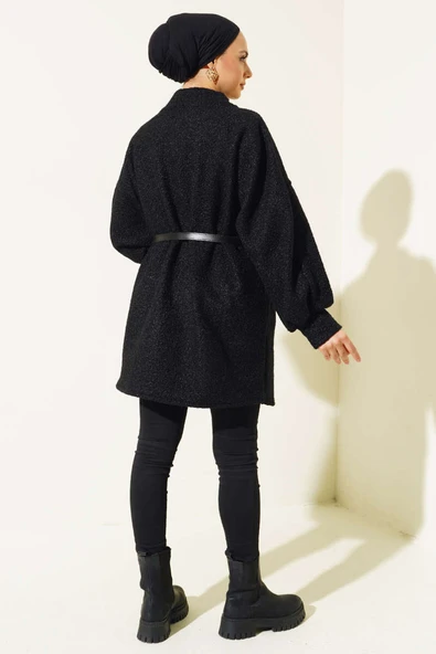 Yarasa Kol Kemerli Buklet Ceket Siyah - Resim 3