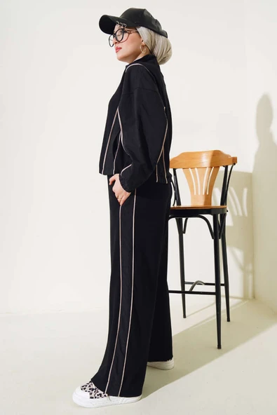 Loyşa Şeritli Garnili Hırka İkili Takım Siyah - 3