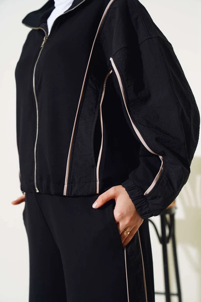 Loyşa Şeritli Garnili Hırka İkili Takım Siyah - 4