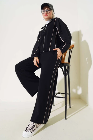 Loyşa Şeritli Garnili Hırka İkili Takım Siyah