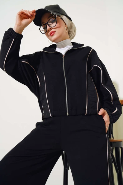 Loyşa Şeritli Garnili Hırka İkili Takım Siyah - 2