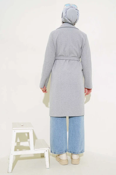 Bel Kuşaklı Astarlı Kaşe Kaban Gri - Resim 3