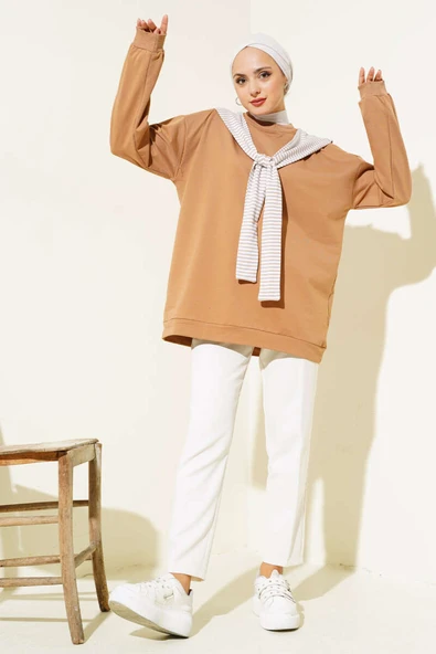 Omuz Atkı Görünümlü Tunik Latte - Resim 2