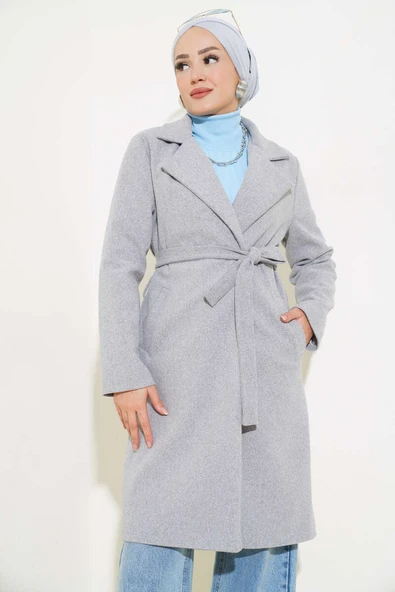 Bel Kuşaklı Astarlı Kaşe Kaban Gri - Resim 2