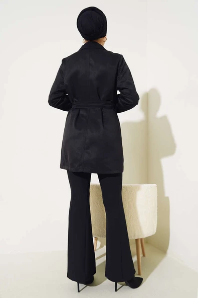 Pelerinli Kuşaklı Kısa Trençkot Siyah - Resim 3