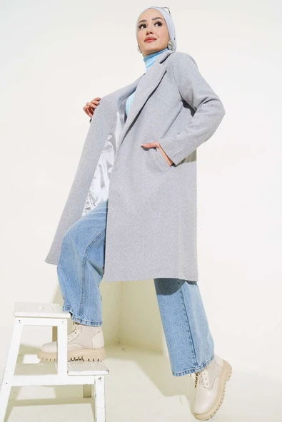 Bel Kuşaklı Astarlı Kaşe Kaban Gri ürün görseli 1