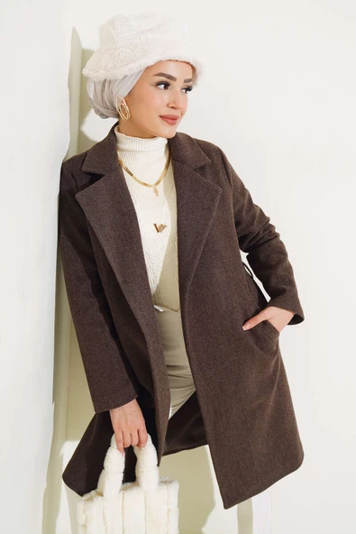 Bel Kuşaklı Astarlı Kaşe Kaban Kahve - Resim 2