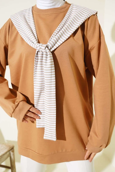 Omuz Atkı Görünümlü Tunik Latte - Resim 4